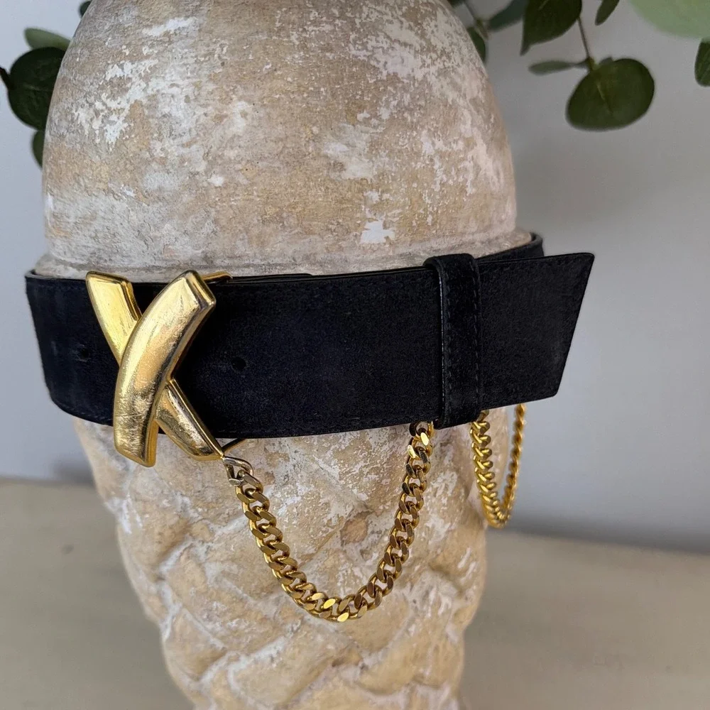 Paloma Picasso Black Suede Leather Belt Gold X Buckle Chain Vintage Italy M/75
